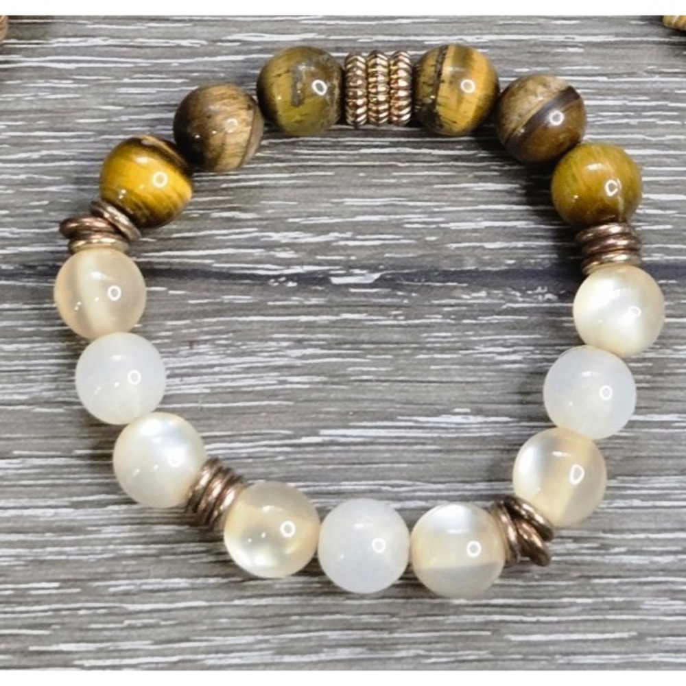 Tiger Eye & White Bead Stretch Bracelet Natural Stone Style Copper Tone Spacers